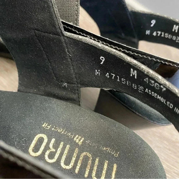 Munro Darling Suede Heels Sandals Open Toe Black Patent Leather Slingback: 9M - Picture 6 of 9